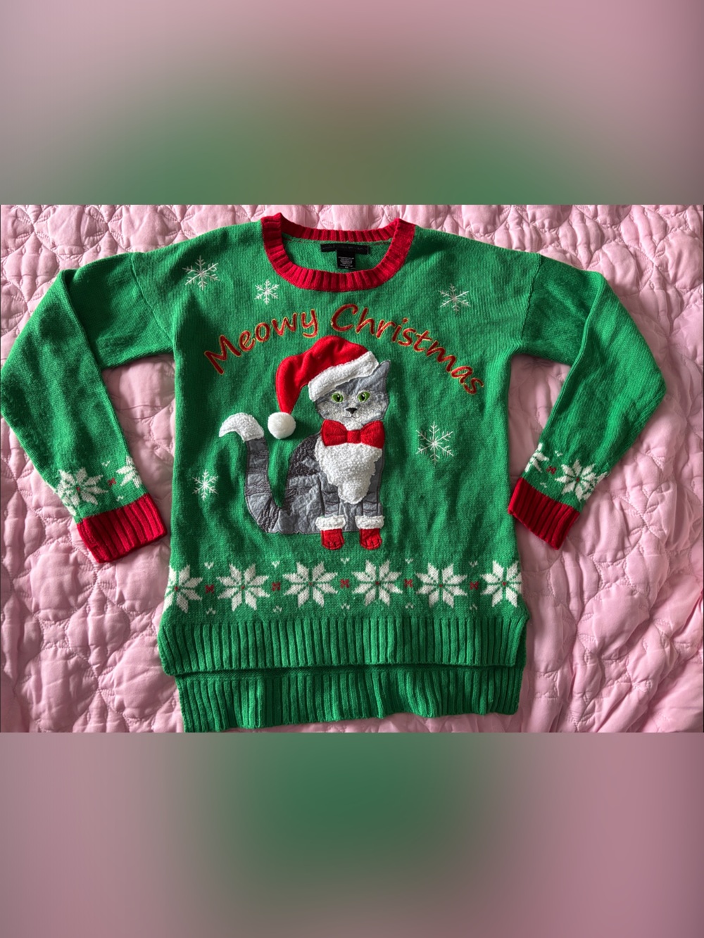 Green 'Meowy Christmas' Cat Holiday Sweater - Women's